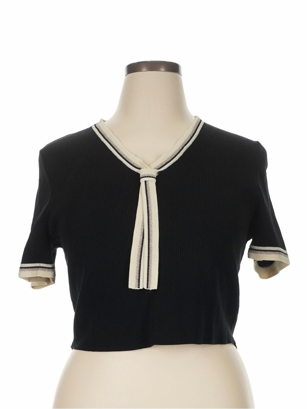 Goelia Navy & Cream Cropped Knit Retro Top XL